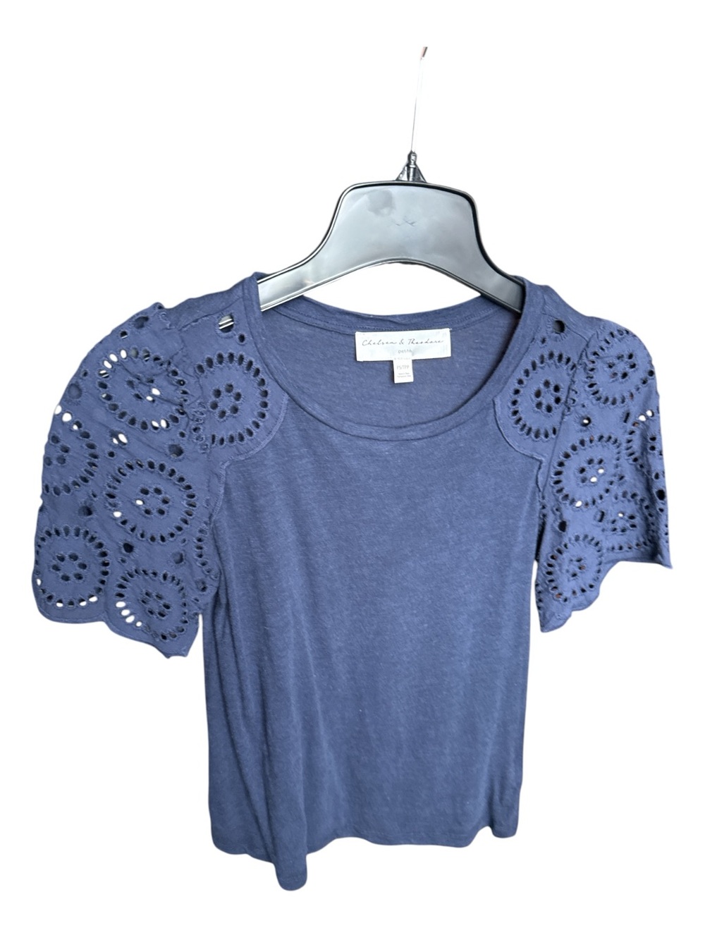 Chelsea & Theodore Navy Eyelet Puff Sleeve Tee Petite Small Cotton Blend